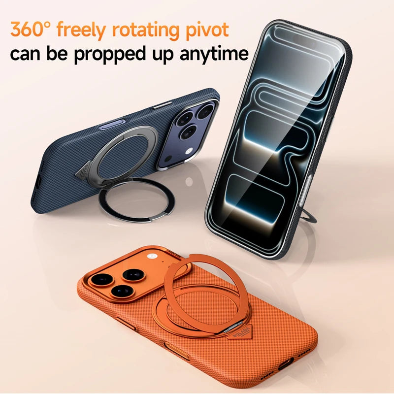 Carbon Fiber Texture MagSafe Case with 360 Rotating Kickstand for iPhone 17 Series