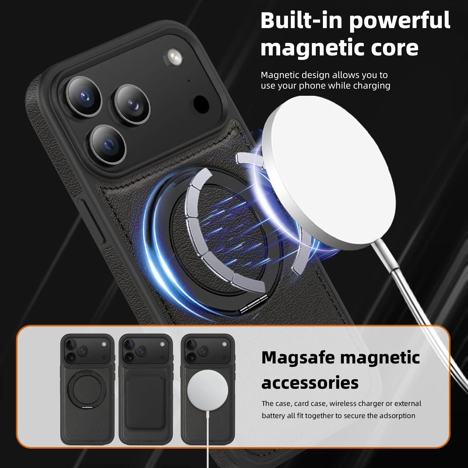 Premium Leather MagSafe Case for iPhone 17 Series with 360° Rotating Ring Stand