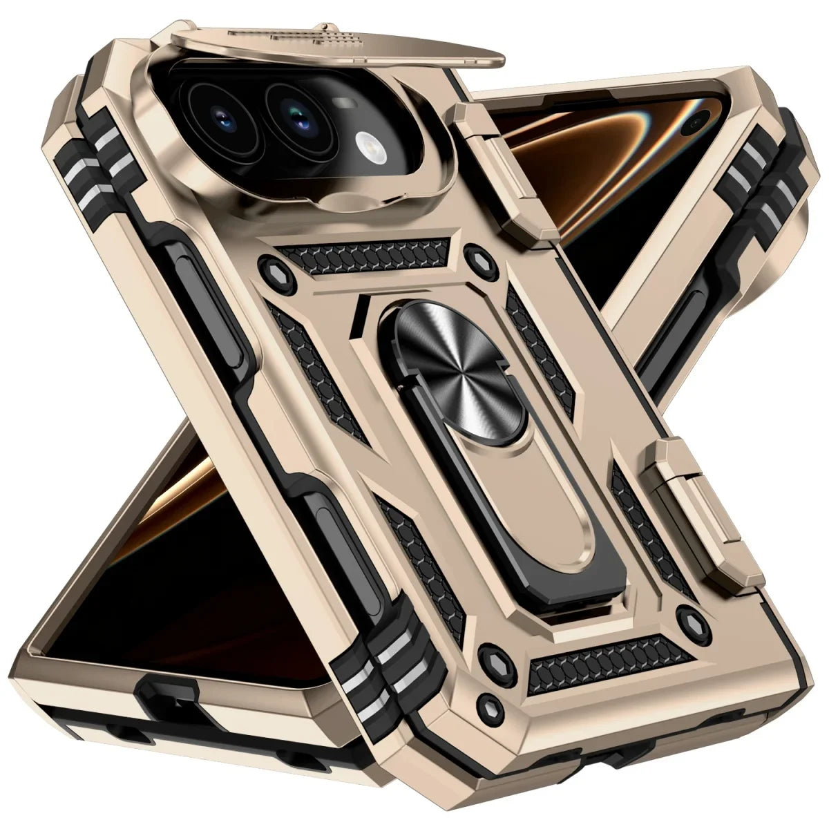 Military-Grade Case with Flip Camera Cover and Rotating Ring Stand for iPhone Duo