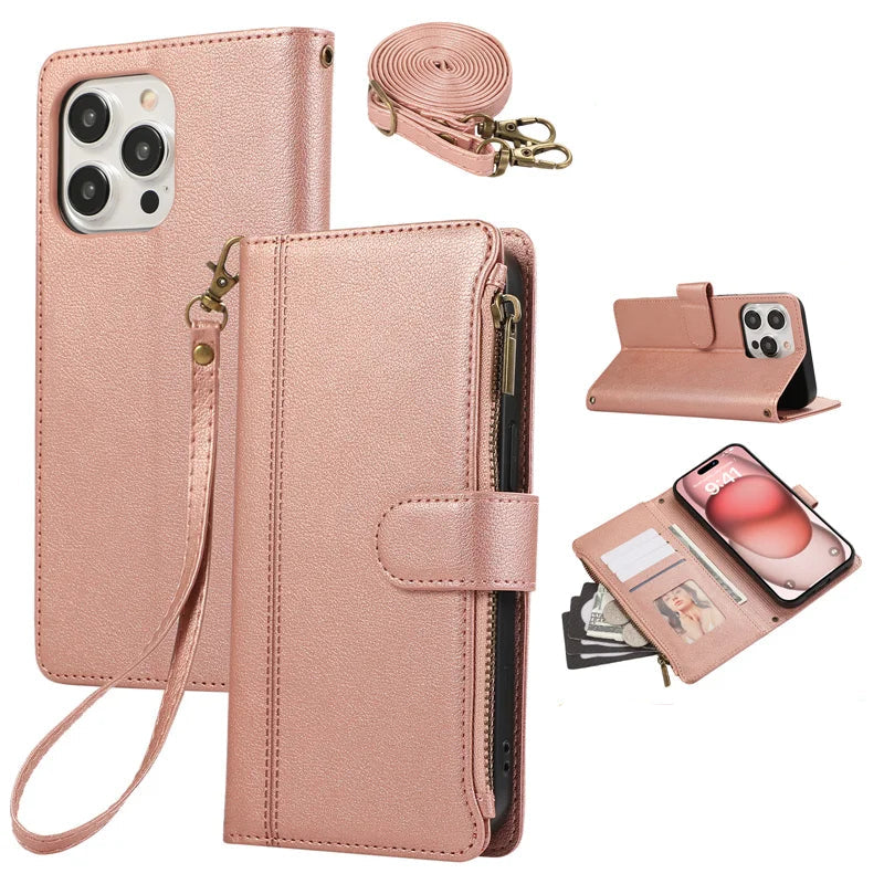 Leather Crossbody Wallet Case with Card Holder & Wrist Strap for iPhone 15 Series