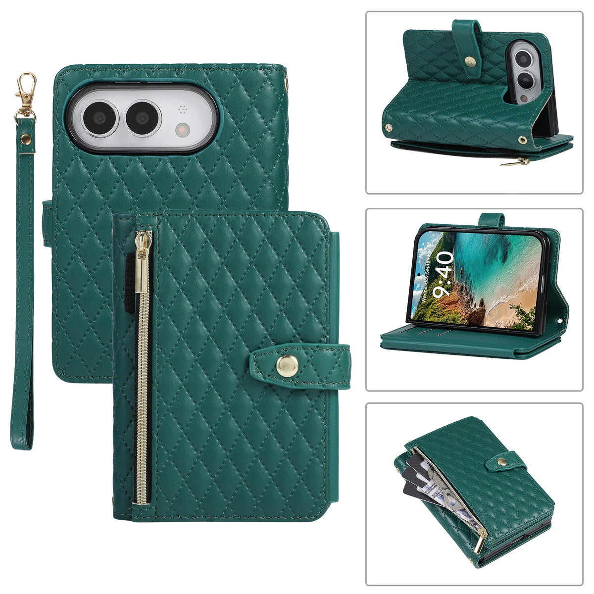 Quilted Leather Crossbody Lanyard Case with 9-Card Wallet for iPhone Duo