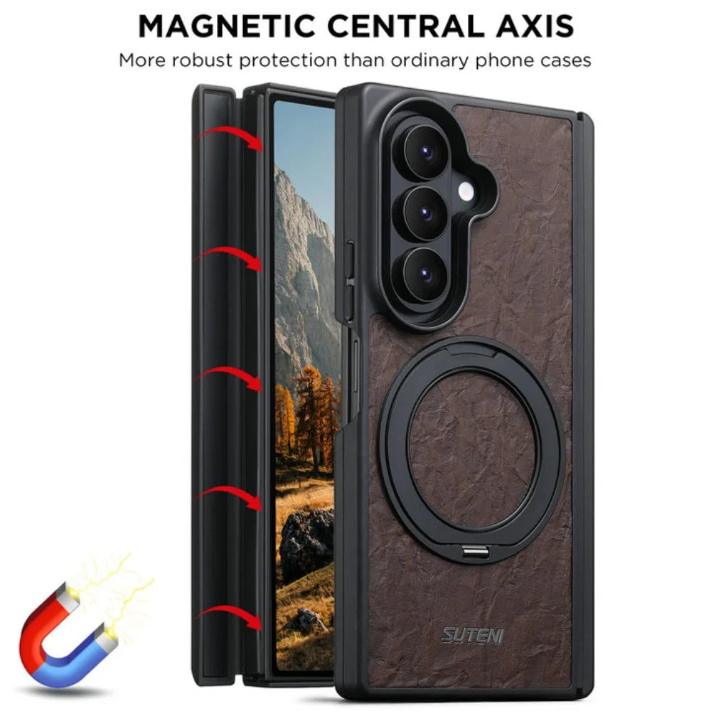 Textured Leather Magnetic Case with 360° Rotating Ring Stand for Samsung Galaxy Z Fold 7