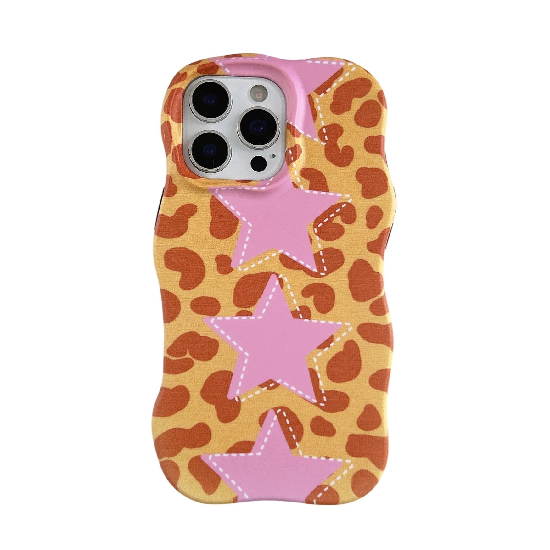 Cute Orange Leo Print & Pink Star Design Wavy Edge Case for iPhone 15 Series
