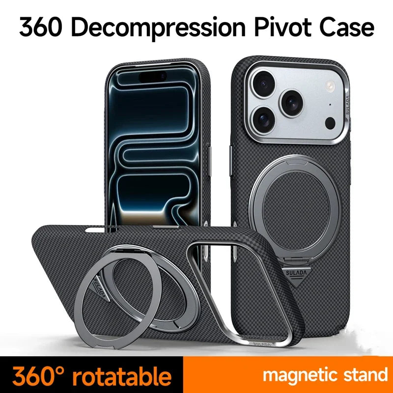 Protective Carbon Fiber Style MagSafe Case with Rotating Bracket for iPhone 17 Series