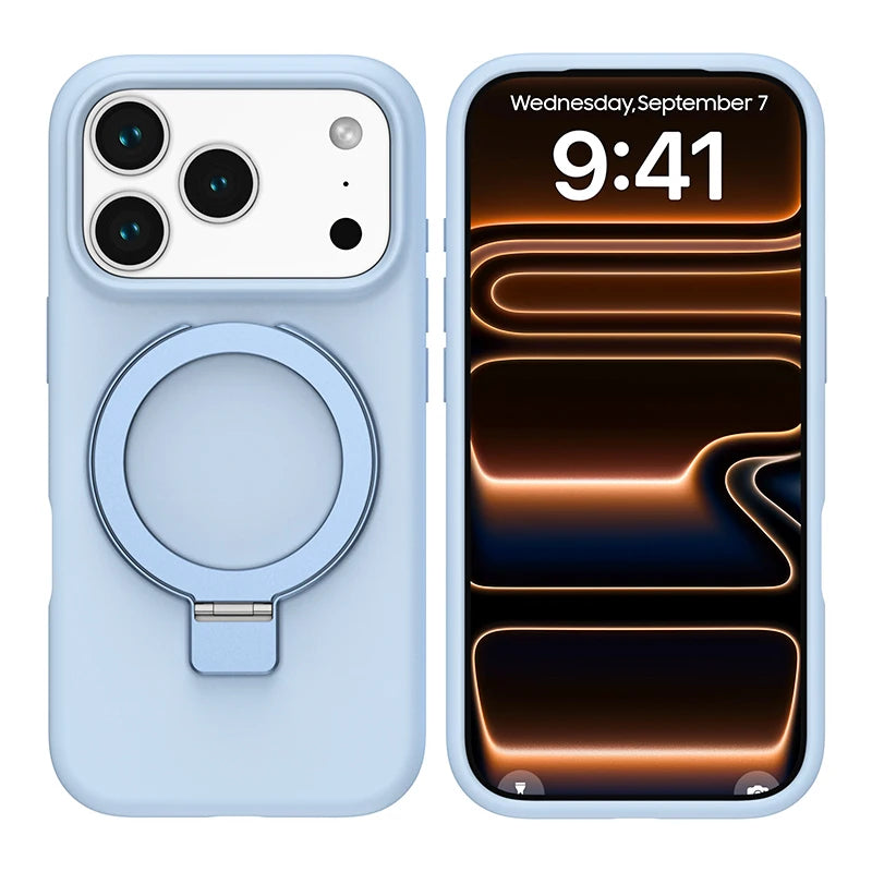 Matte Liquid Silicone Magnetic Case with Rotating Ring Holder for iPhone 17 Series