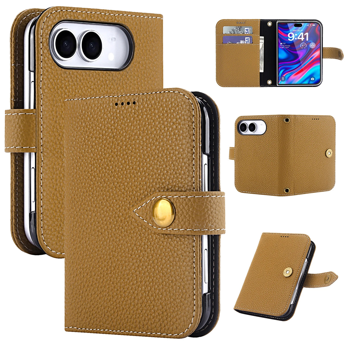 Pebbled Leather Kickstand Flip Wallet Case with MagSafe for iPhone Duo