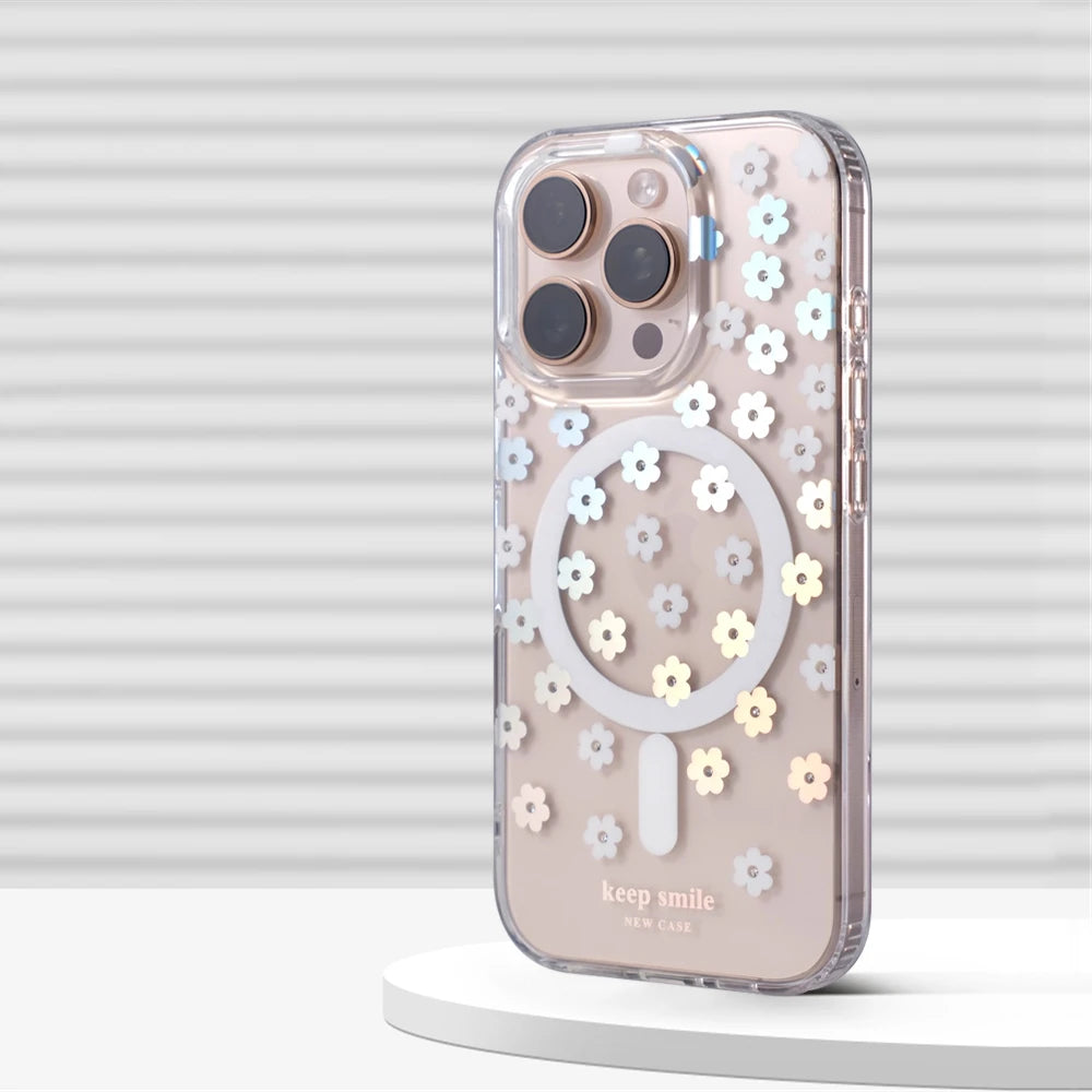 Transparent Floral MagSafe Case with Integrated Wireless Charging Ring for iPhone 15 Series