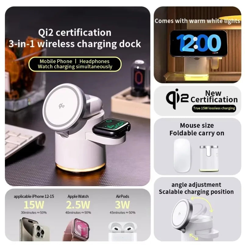 VIKEFON 3-in-1 Magnetic Qi2 Wireless Charging Station with Night Light