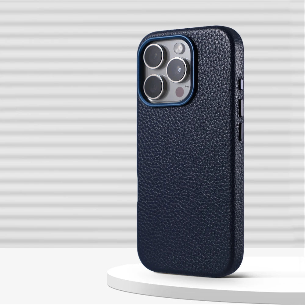 Solid Color Litchi Grain PU Leather MagSafe Case for iPhone 16 Series