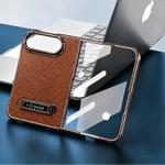 Leather-Texture Electroplated Kickstand Case with Metal Built-In Stand for iPhone Duo