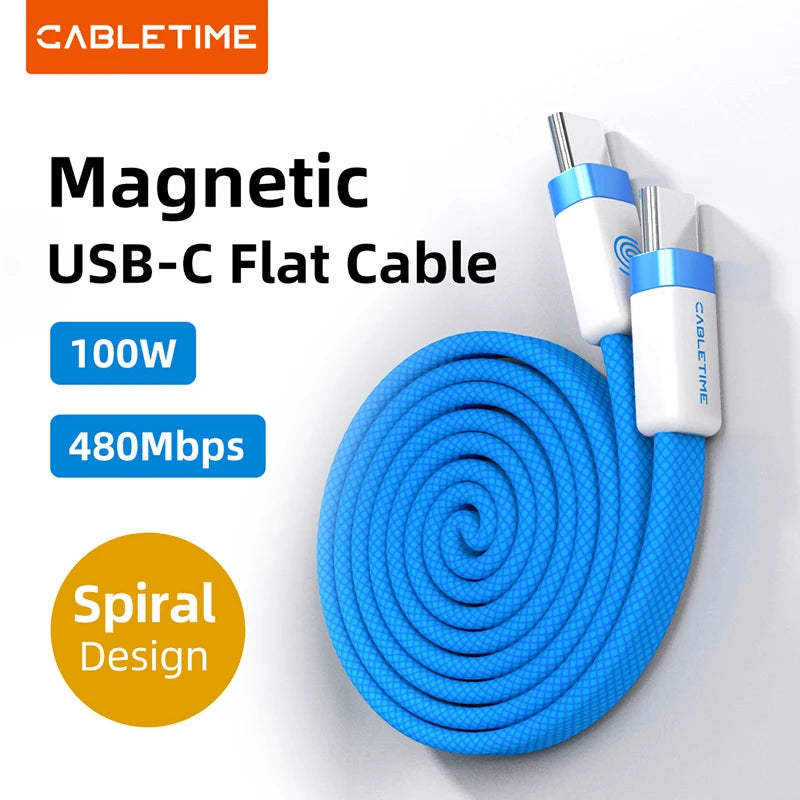 CABLETIME 100W Magnetic USB-C to USB-C Flat Charging Cable