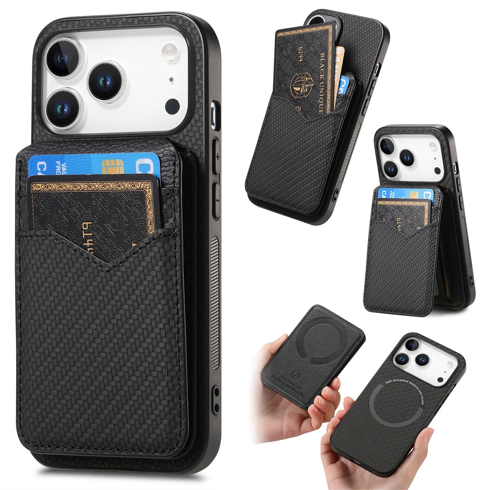 2-in-1 Detachable Carbon Fiber Pattern MagSafe Case with Flip Card Holder for iPhone 17 Series
