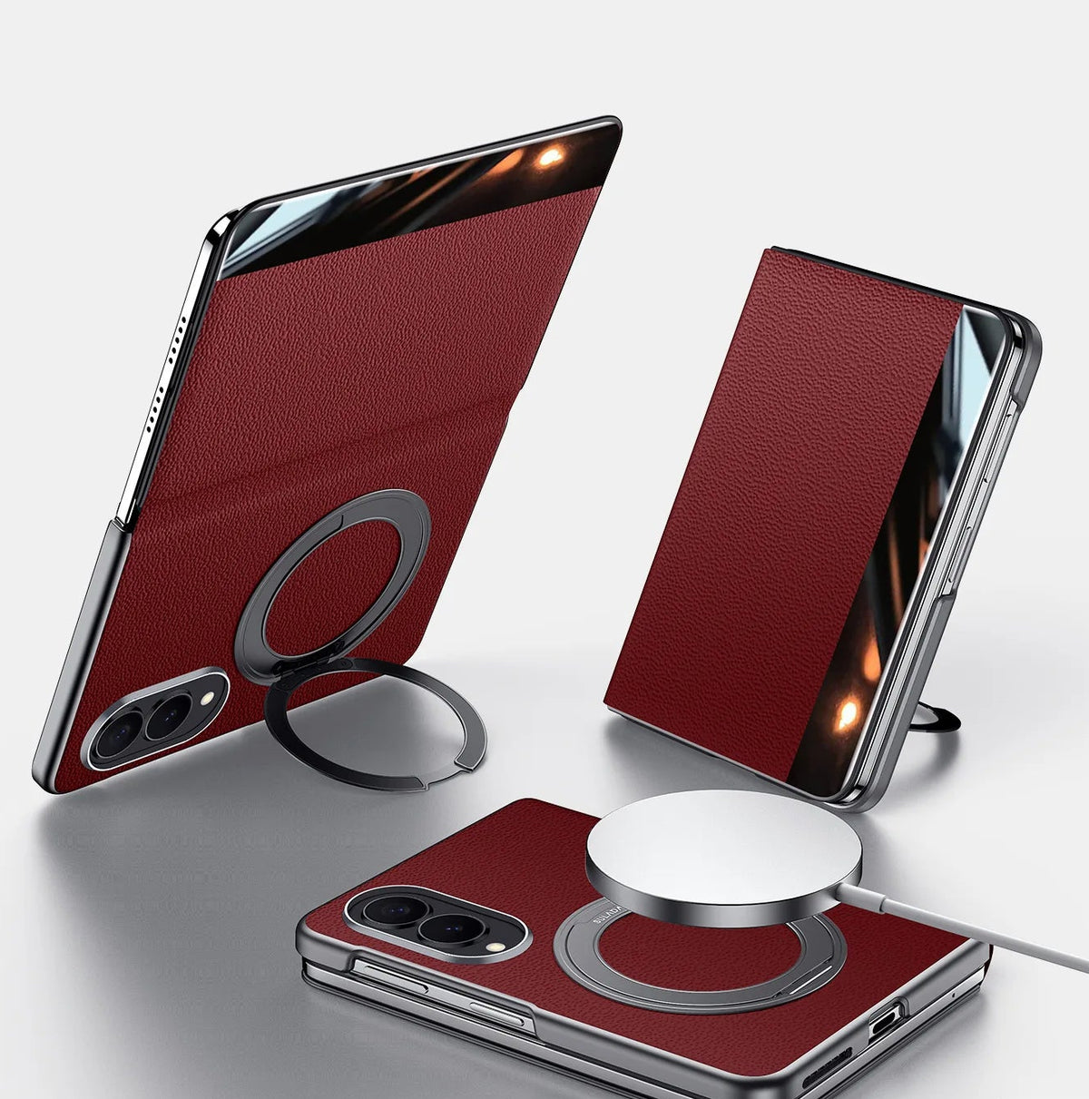 Top-Grain Leather Flip Case with 360° Rotating Ring Stand for Samsung Galaxy Z Fold 8