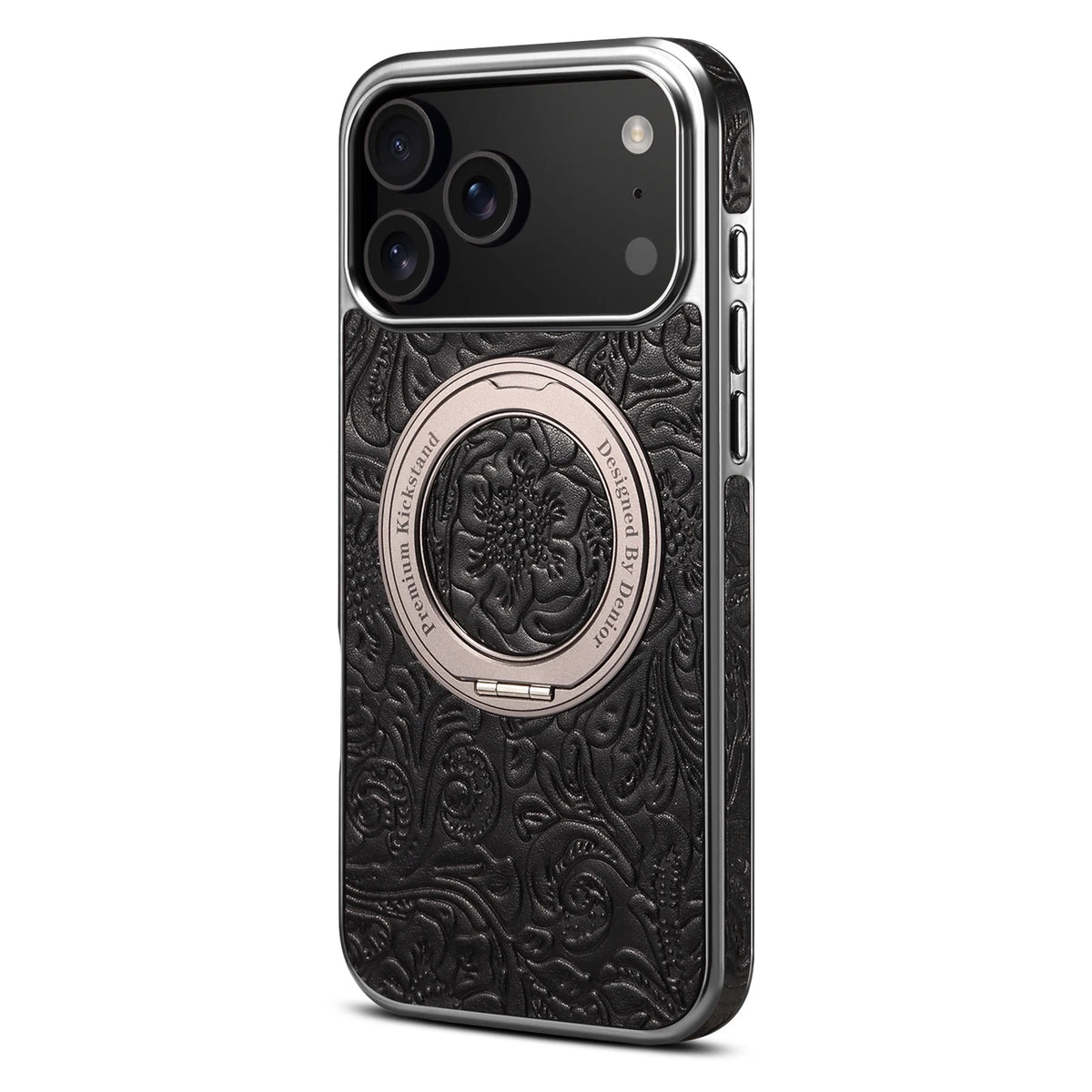 Retro Floral Cowhide Leather MagSafe Case with Rotating Stand for iPhone 17 Series