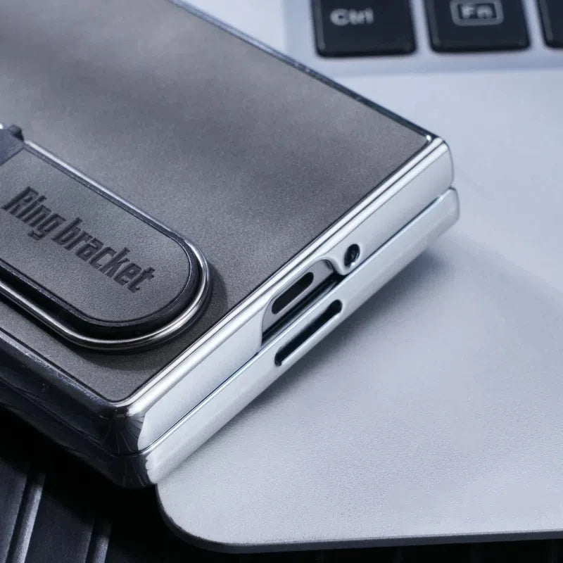 PC Shell Leather Textured Plating Case with Fingertip Holder for Samsung Galaxy Z Fold 6