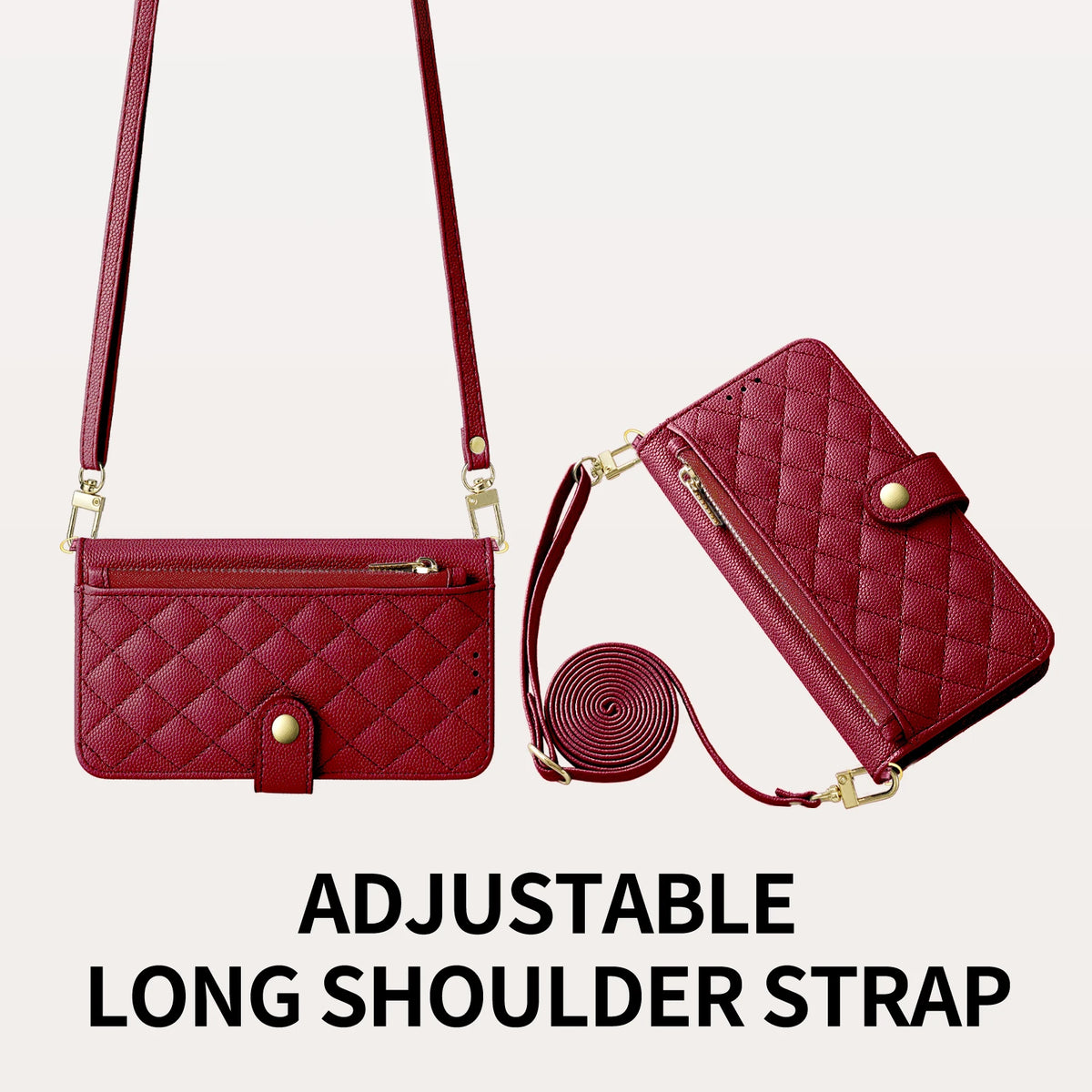 Quilted Leather Crossbody Wallet Case with Detachable Strap for iPhone Duo
