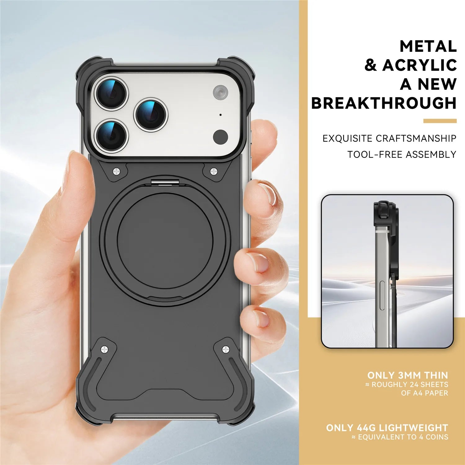 Frameless Aluminum MagSafe Armor Case with 360° Rotating Ring Stand for iPhone 17 Pro & iPhone 17 Pro Max