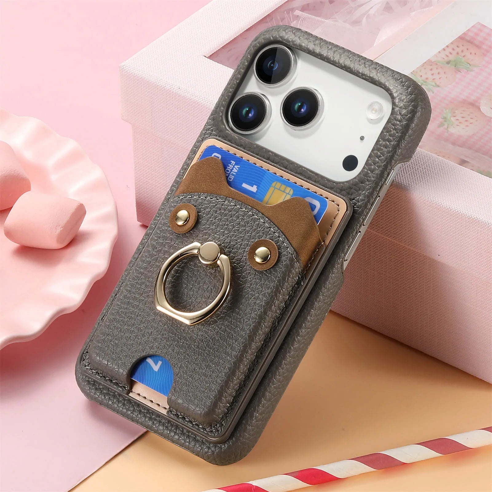 Premium Lychee Pattern Leather Wallet Case with Ring Holder & Vertical Card Slot for iPhone 17 Series