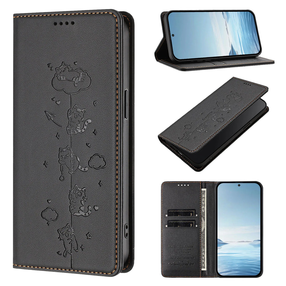 Embossed Cute Cat Flip Wallet Leather Case for iPhone 17 Series