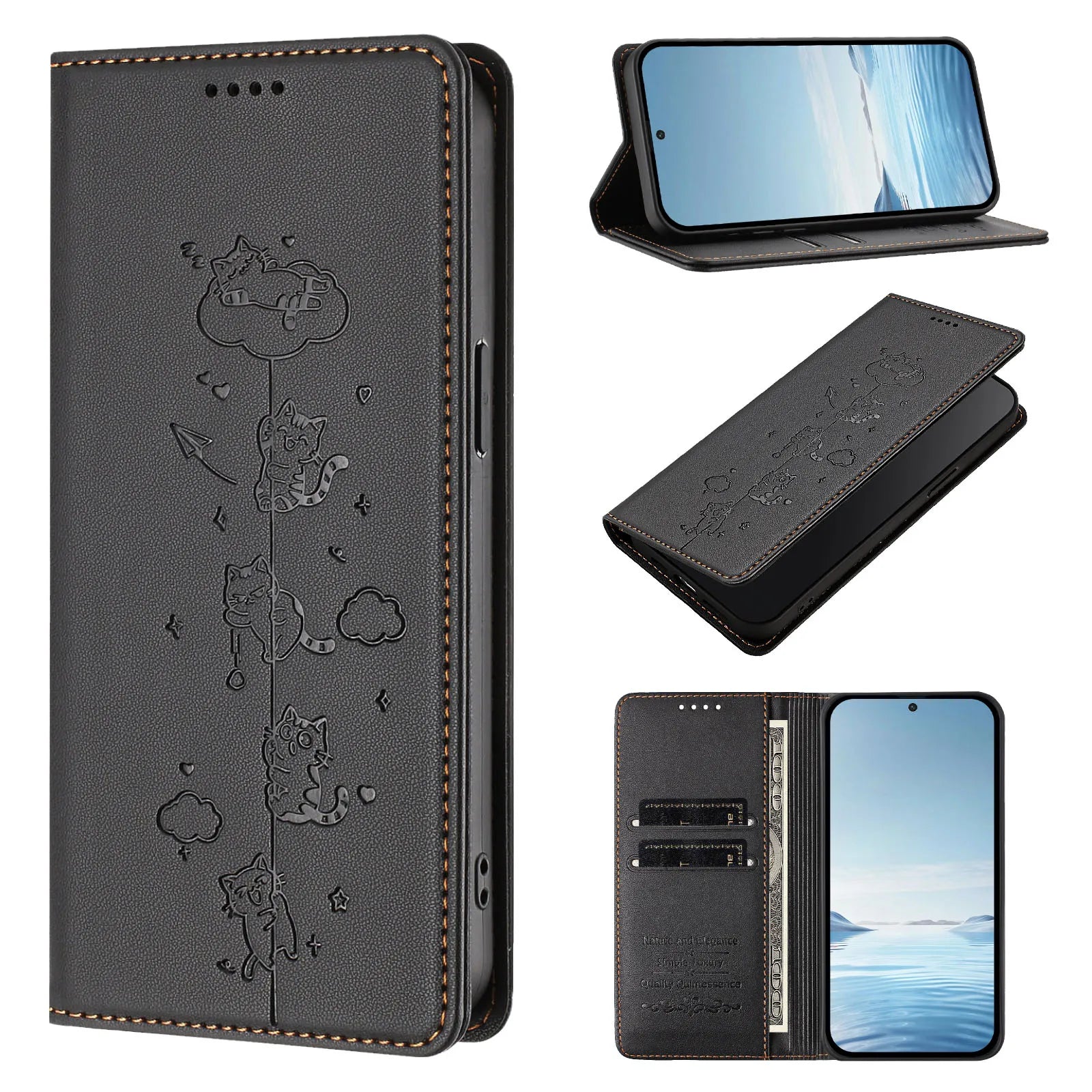 Embossed Cute Cat Flip Wallet Leather Case for iPhone 17 Series