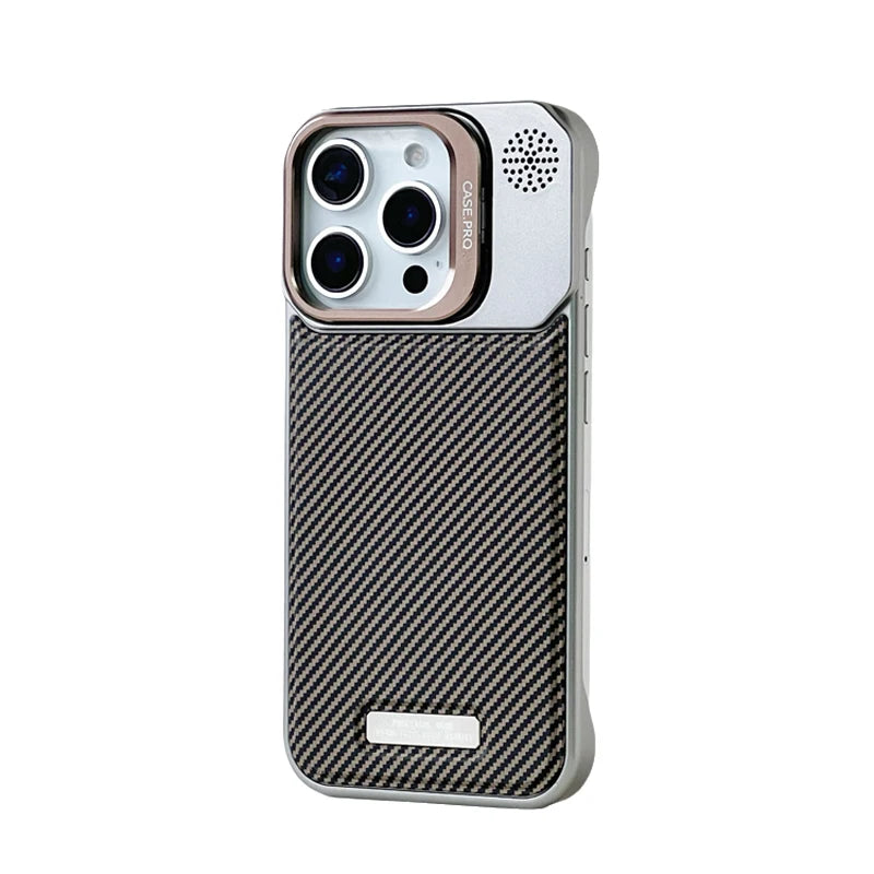 Carbon Fiber Pattern MagSafe Case with Alloy Lens Holder for iPhone 15 Series