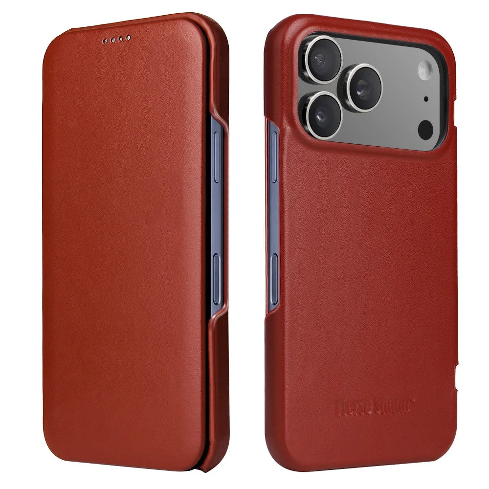 Premium Natural Cowhide Leather Flip Case for iPhone 17 Series
