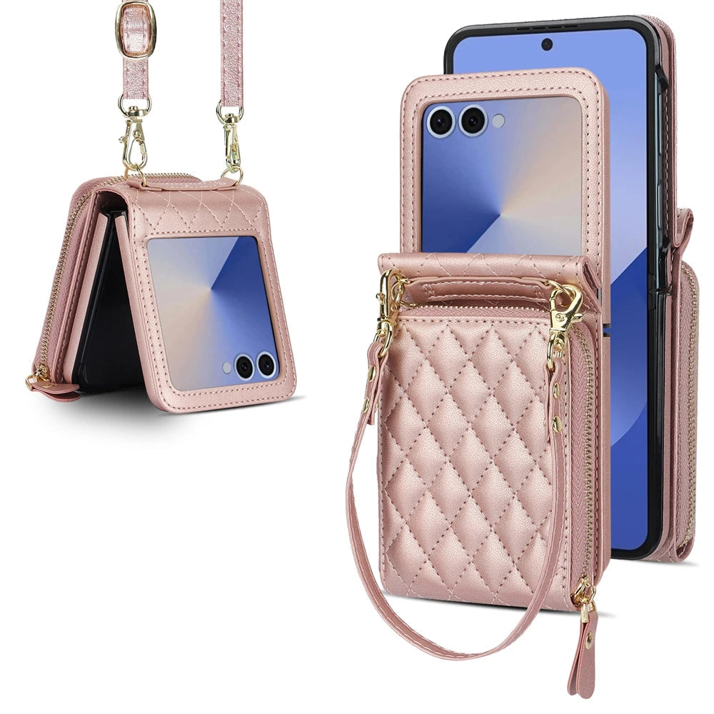Shockproof Leather Crossbody Case with Lanyard and Wallet Pouch for Samsung Galaxy Z Flip 7