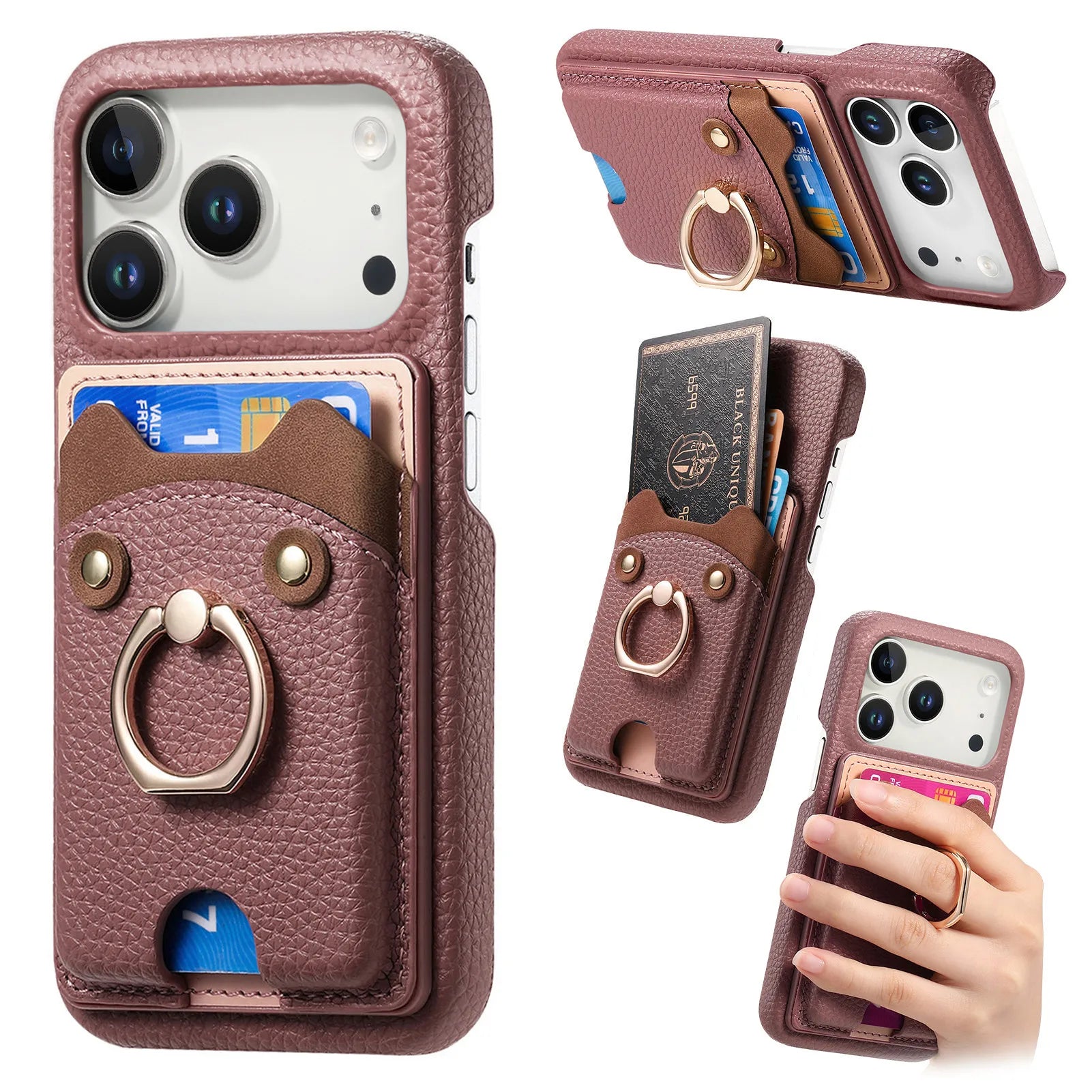 Premium Lychee Pattern Leather Wallet Case with Ring Holder & Vertical Card Slot for iPhone 17 Series