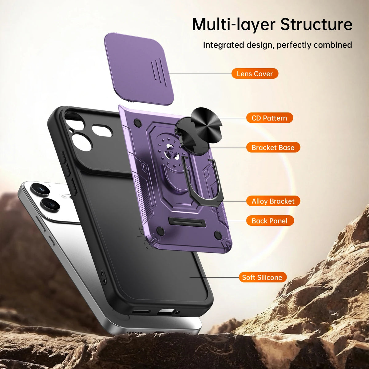 Sliding Camera Lens Protection Case with Rotating Ring Stand for Nothing Phone (4b)