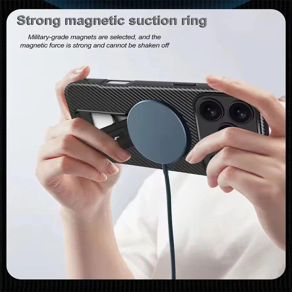 Military-Grade Luxury Carbon Fiber Pattern MagSafe Case with Foldable Stand for iPhone 17 Series