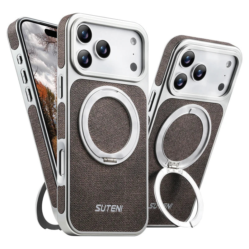 Denim Pattern PU Leather MagSafe Case with 360° Rotating Ring Stand for iPhone 17 Series