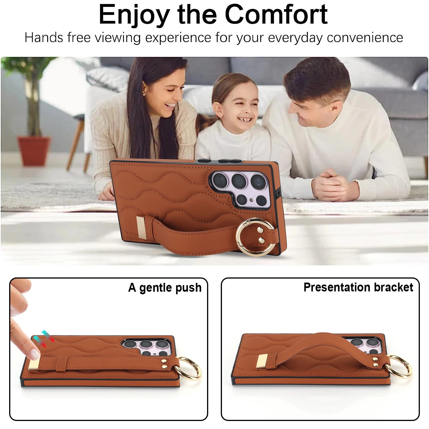 Shockproof Leather Phone Case with Wrist Strap & Ring for Samsung Galaxy S24 Series