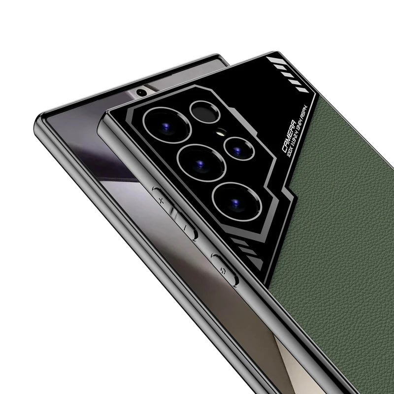 Electroplating Plain Leather + Soft TPU Edge Camera Protection Case for Samsung Galaxy S24 Ultra
