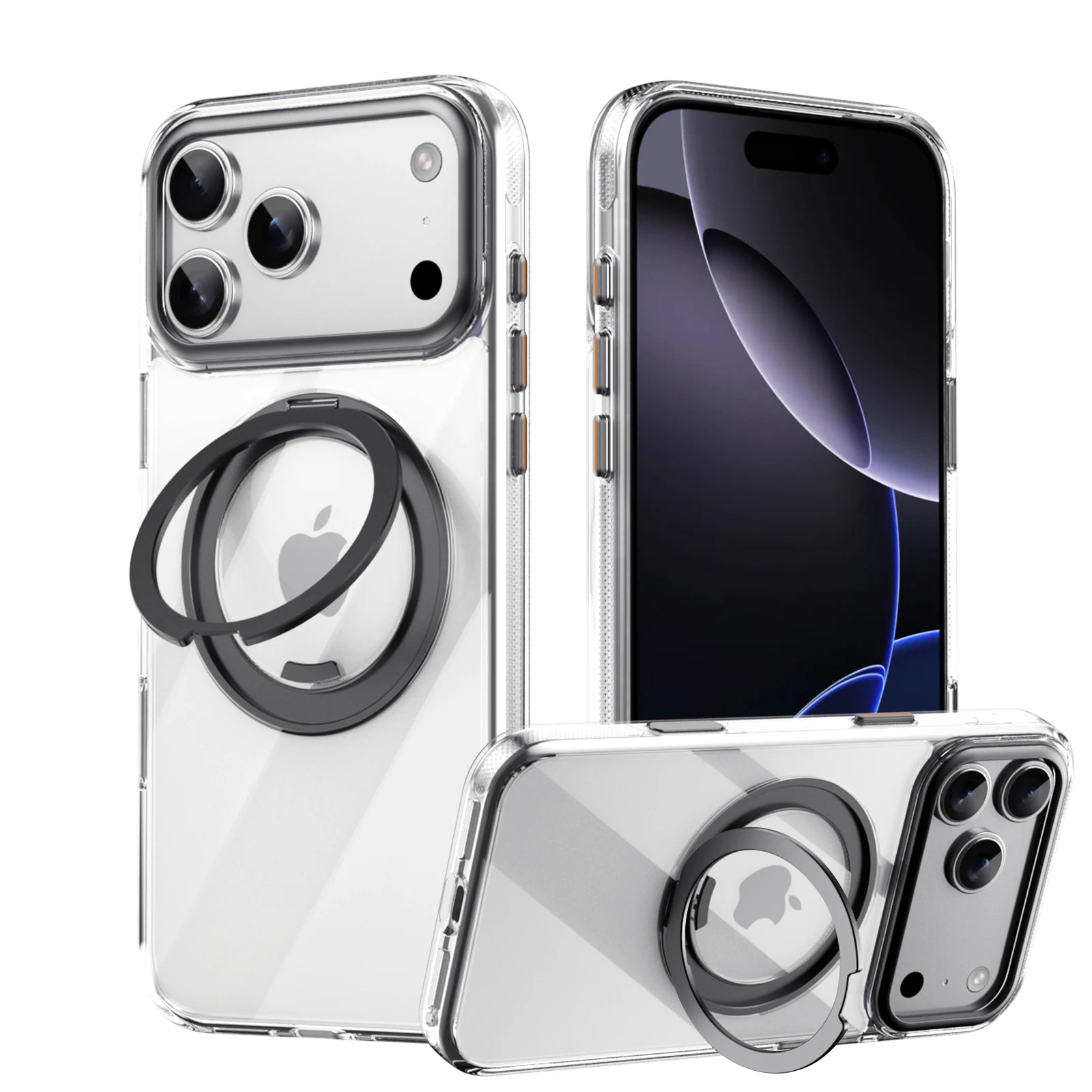 iPhone 17 Series Transparent MagSafe Case with 360° Rotating Ring Holder