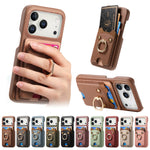 Premium Lychee Pattern Leather Wallet Case with Ring Holder & Vertical Card Slot for iPhone 17 Series