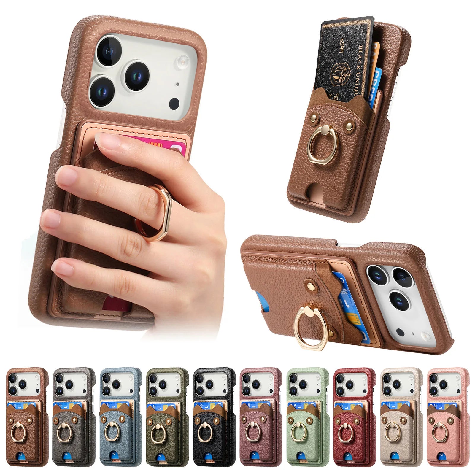 Premium Lychee Pattern Leather Wallet Case with Ring Holder & Vertical Card Slot for iPhone 17 Series