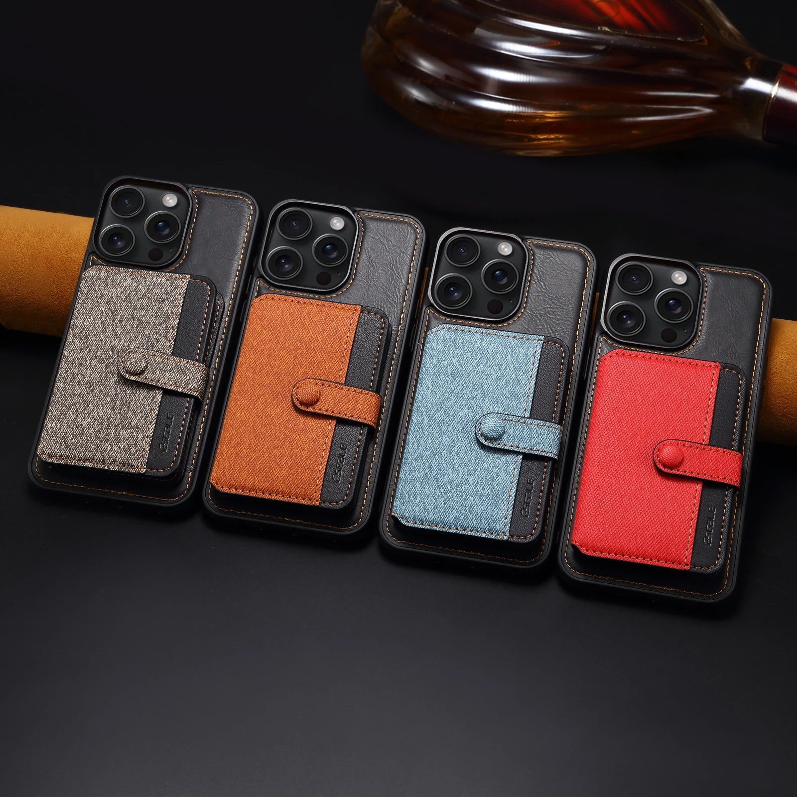 Luxury Leather Wallet Case with Card Slots and Bag Stand for iPhone 15 Series