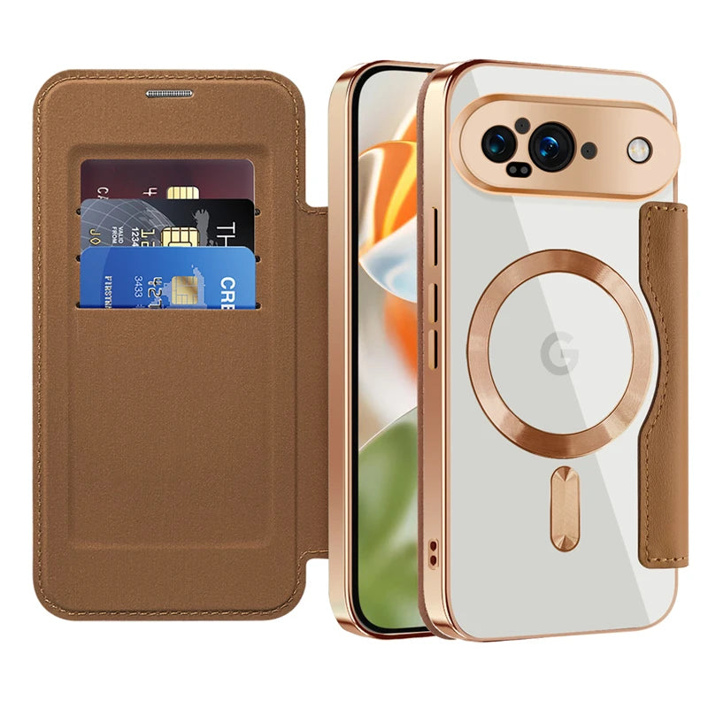 Google Pixel 9 Transparent Magnetic Flip Case with Leather Card Packet