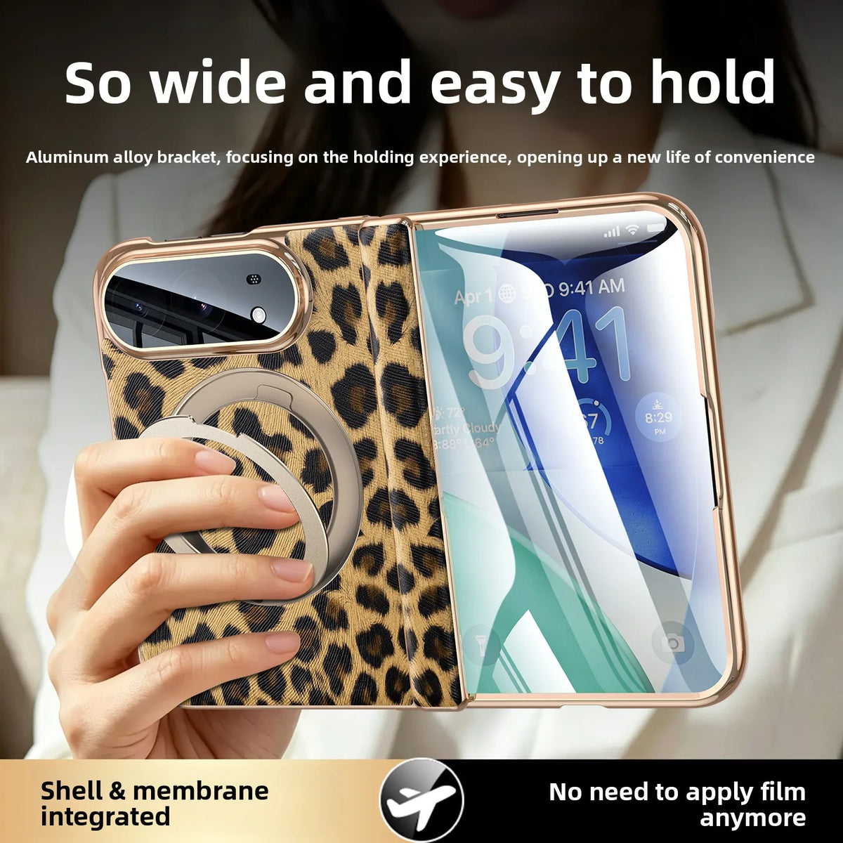 Cowhide Leopard Print MagSafe Case with 360° Rotating Ring Stand for iPhone Duo