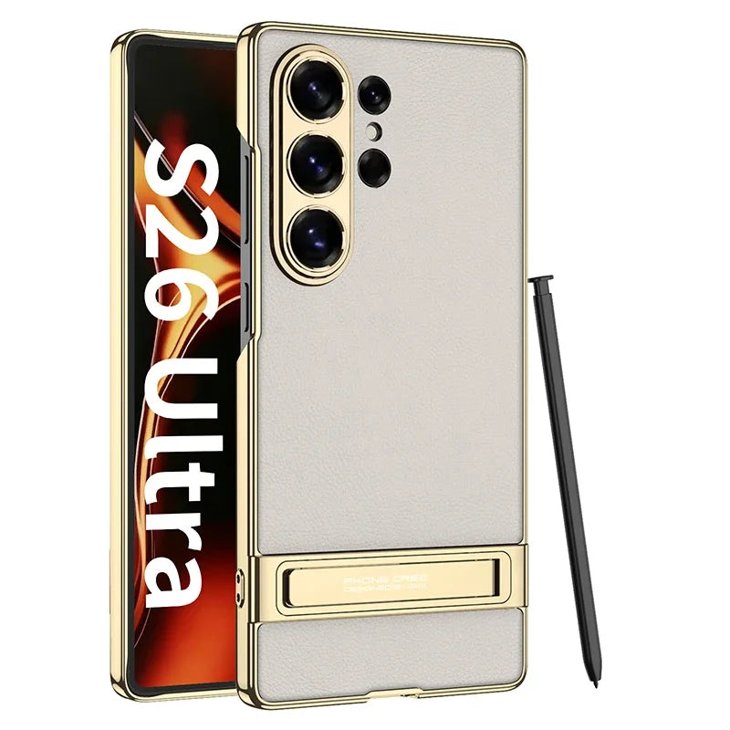 Luxury Matte Leather Case with Hidden Kickstand for Samsung Galaxy S26 Ultra