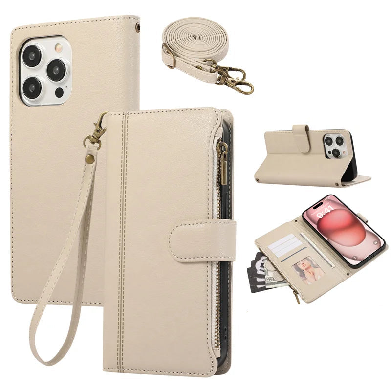 Leather Crossbody Wallet Case with Card Holder & Wrist Strap for iPhone 16 Series