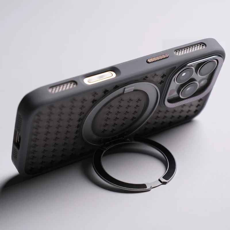 Frosted Grid Mesh MagSafe Case with 360° Rotating Kickstand for iPhone 16 Series