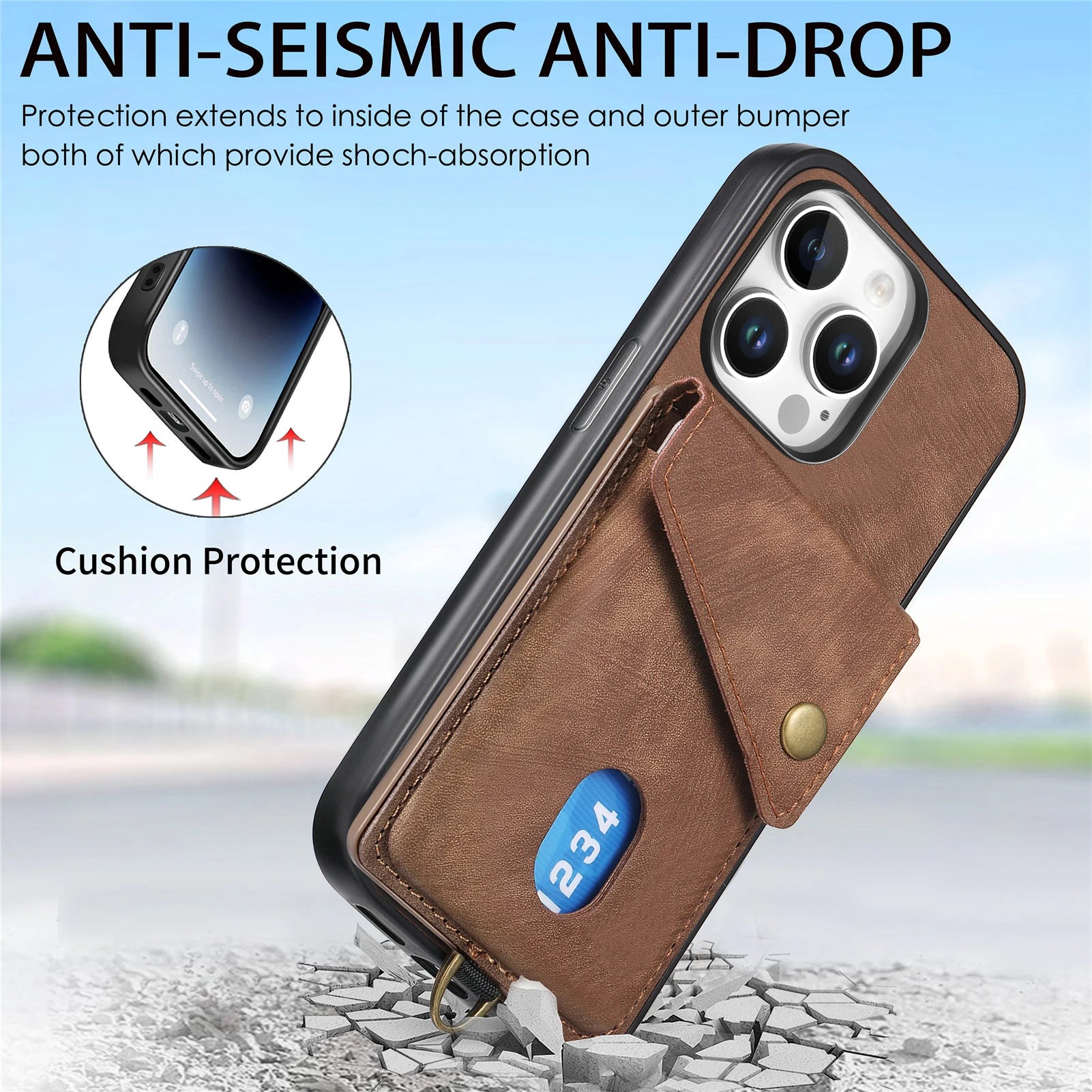 Shockproof Leather Wallet Case with Kickstand & Card Holder for iPhone 15 Series