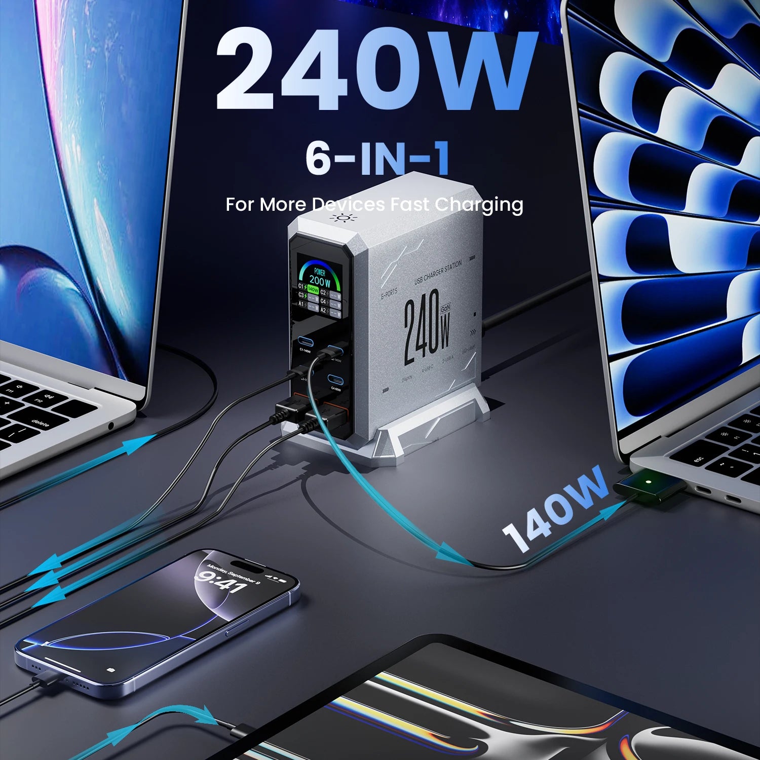 ASOMETECH 6-Port 240W GaN Desktop Charger