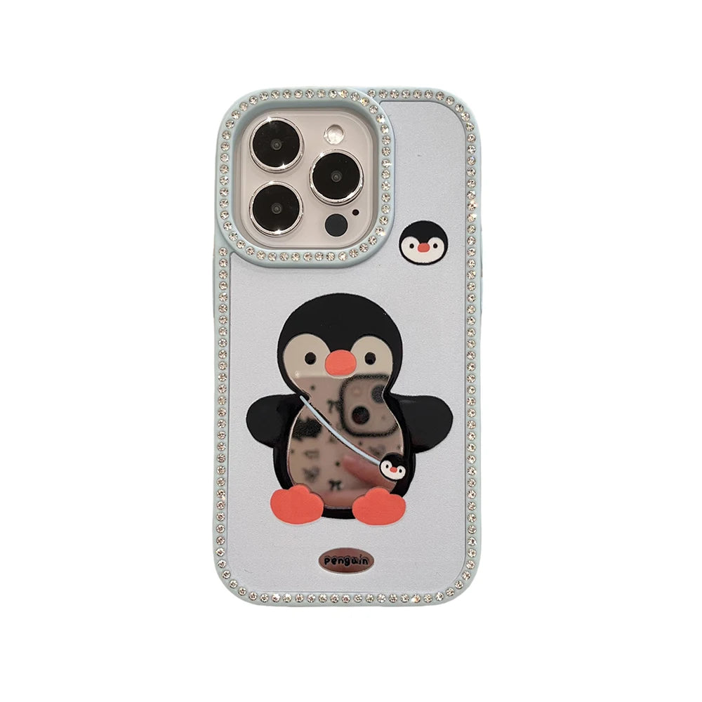Diamond Glitter Mirror Case with Cartoon Animals for iPhone 16 Series