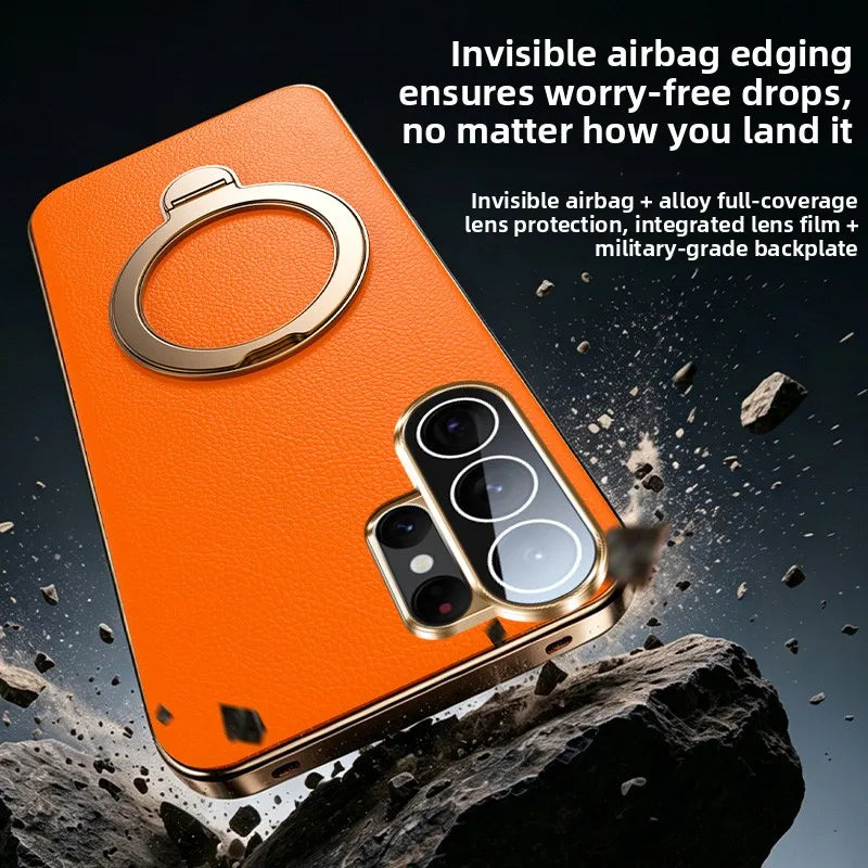 Shockproof Textured Leather Case with 360° Rotating Magnetic Ring Stand for Samsung Galaxy S25 Series