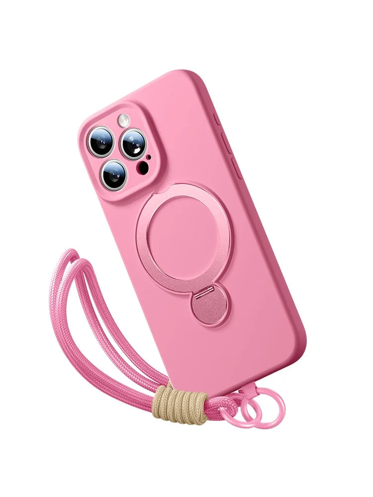 iPhone 16 Series Silicone MagSafe Case with Rotating Ring Holder Stand