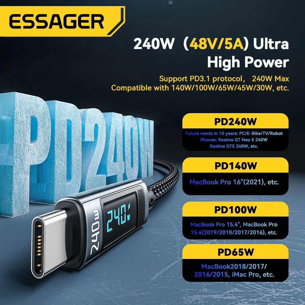 Essager 240W USB-C Fast Charging Cable with LED Display