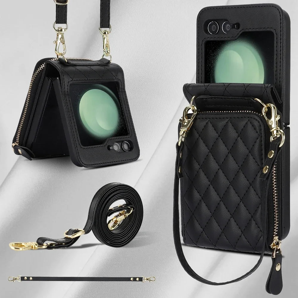 Crossbody Leather Wallet Case with Zipper & Card Holder for Samsung Galaxy Z Flip 6
