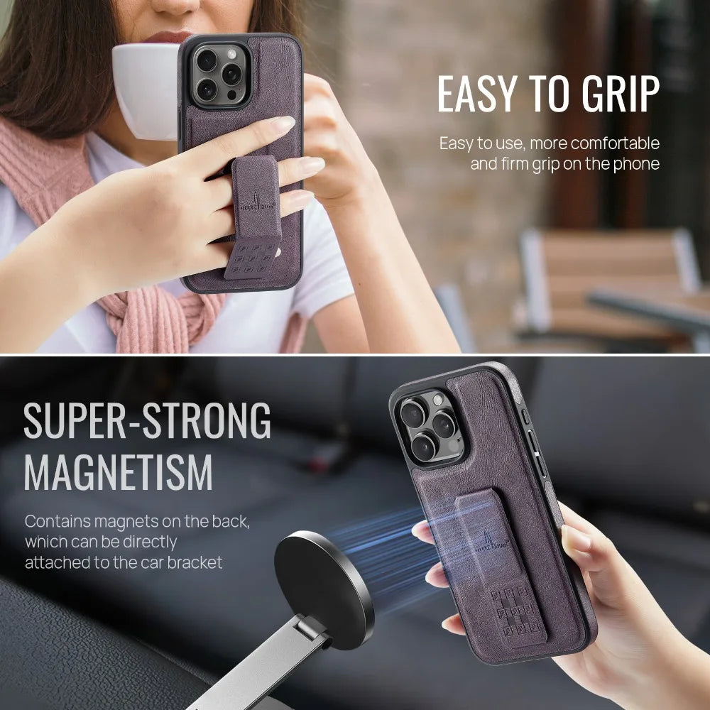 PU Leather Magnetic Wrist Strap Holder with Stand for iPhone 16 Series